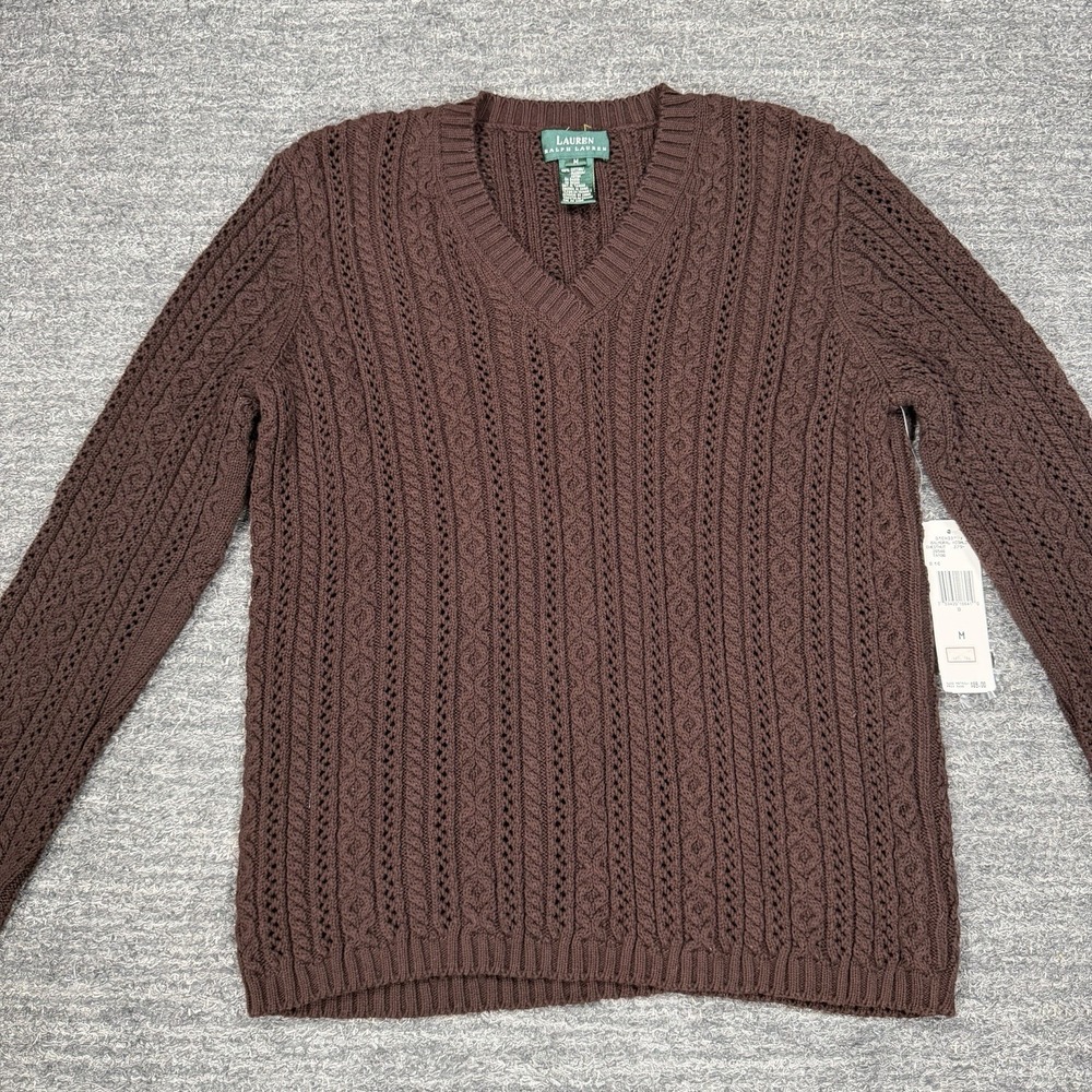 Vintage Lauren Ralph Lauren Sweater Women Medium Brown V-Neck Cotton Preppy NEW